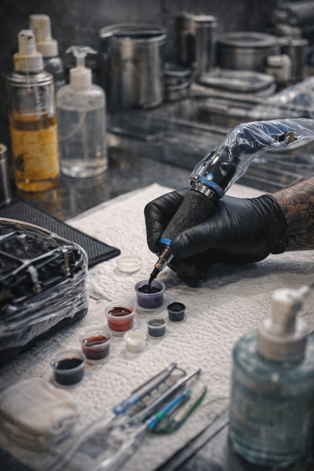 A gloved hand holding a tattoo machine over a covered workstation, with capped ink pots and sealed tools laid out on a sterile pad.