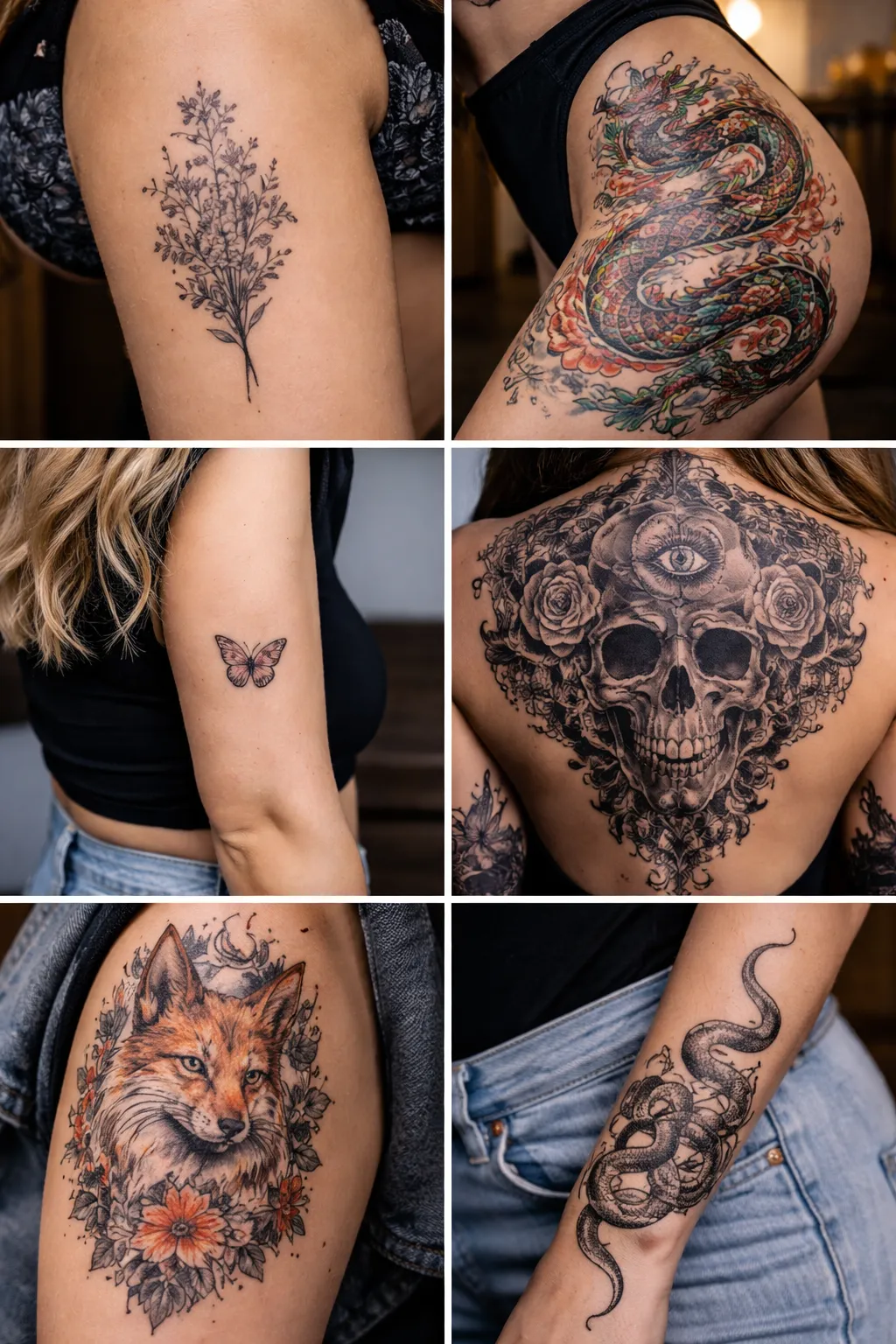 Six healed tattoos on arms, a shoulder, a back and a forearm, in fine line, colour and black and grey.
