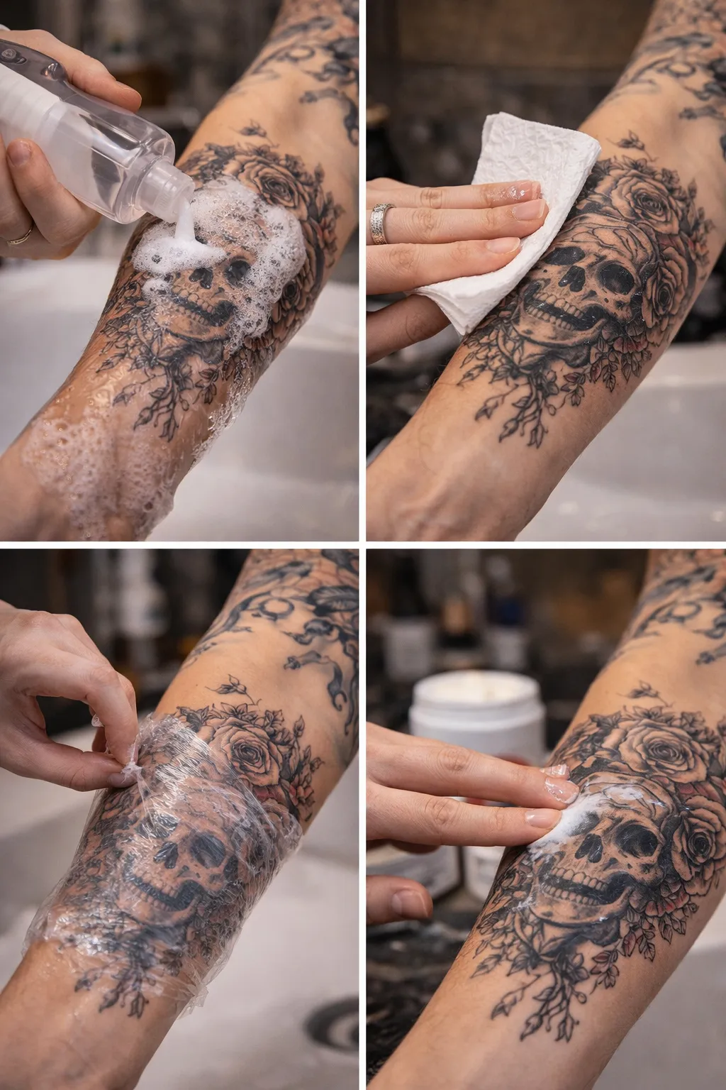 Four steps of washing a new tattoo: lathering it with unscented soap, patting it dry with a clean paper towel, peeling back the film, and spreading a thin layer of ointment.