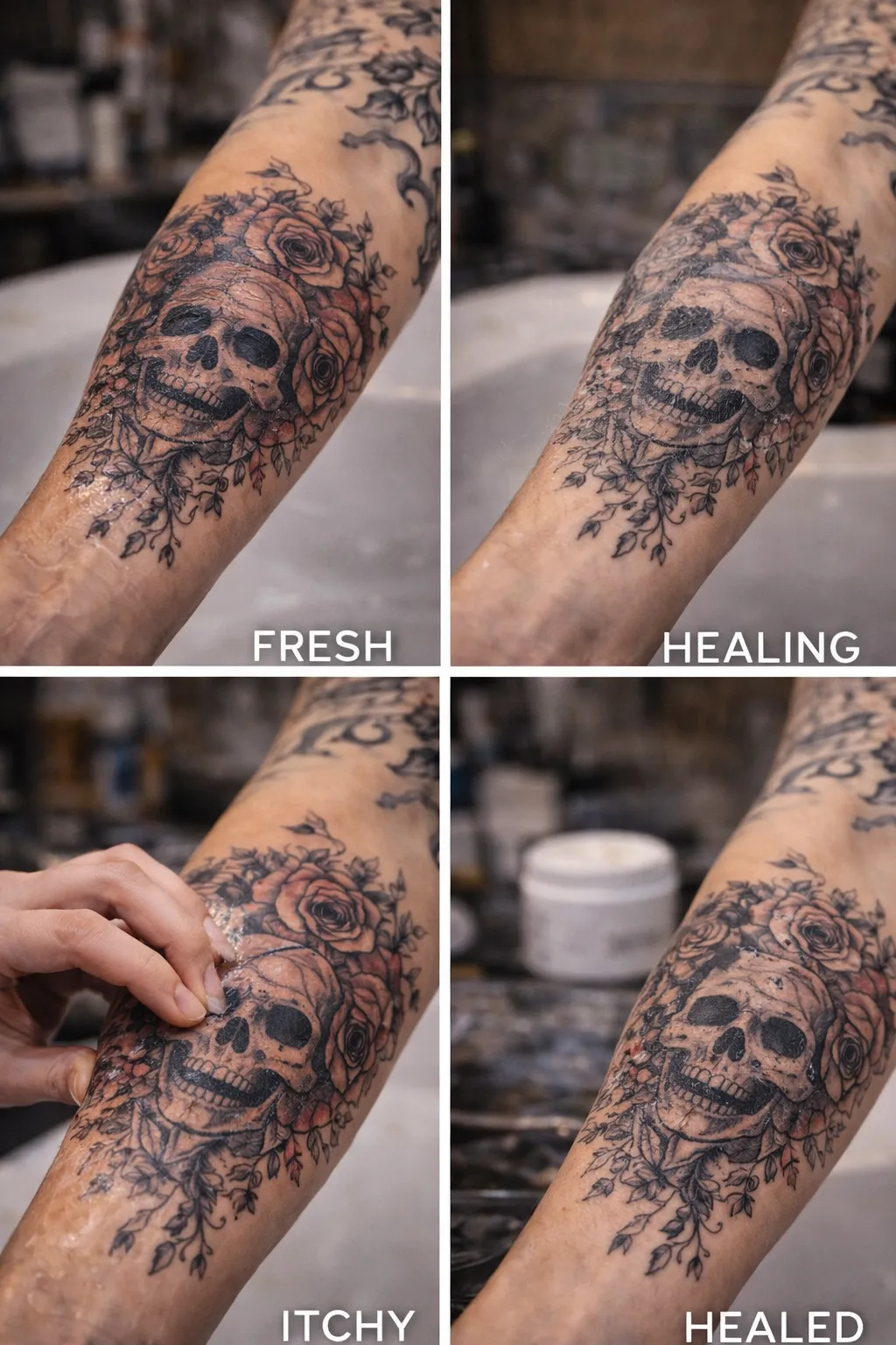 One forearm tattoo photographed at four points in healing, labelled fresh, healing, itchy and healed.