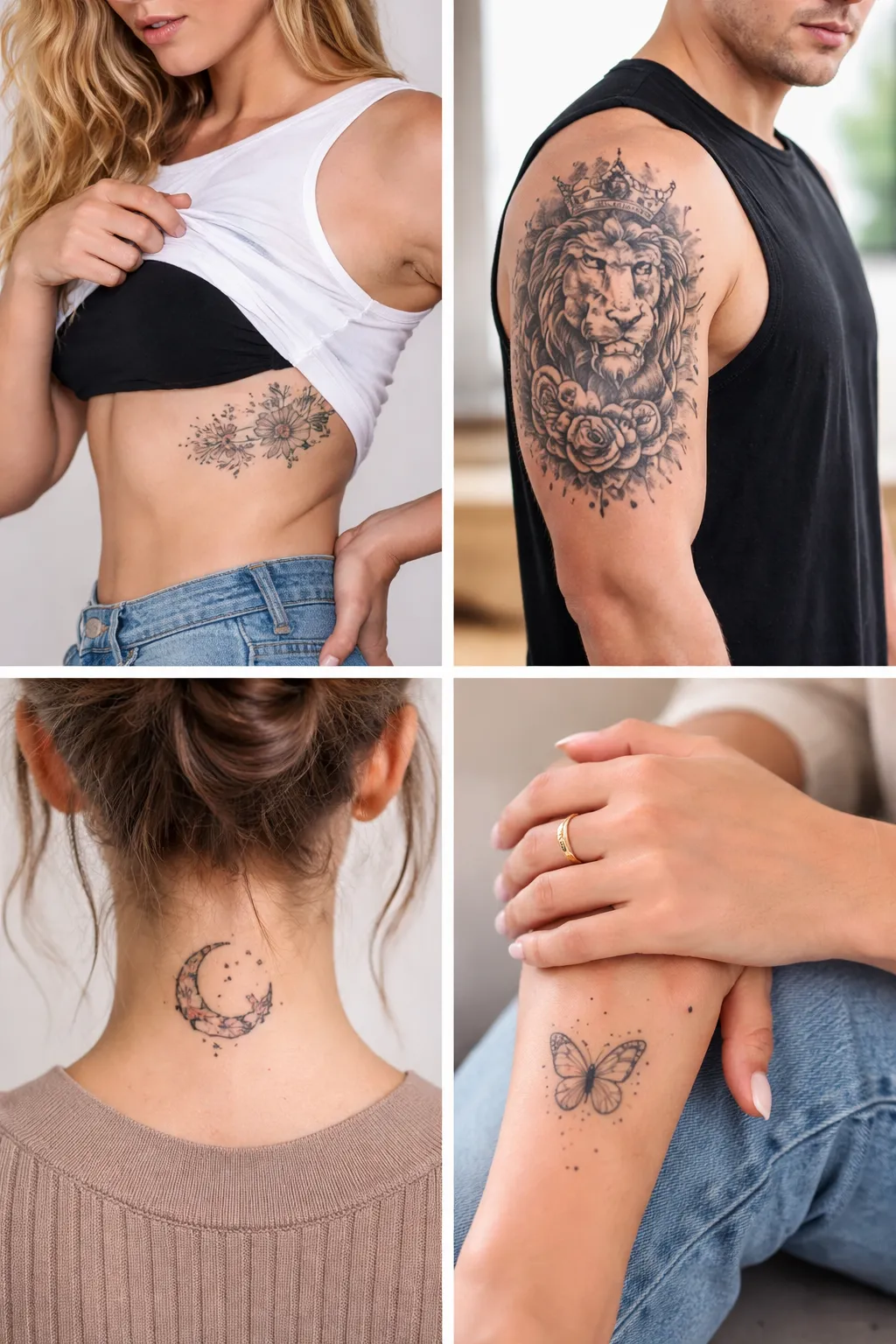 Four tattoo placements: an upper arm, a ribcage, the back of the neck and a forearm.