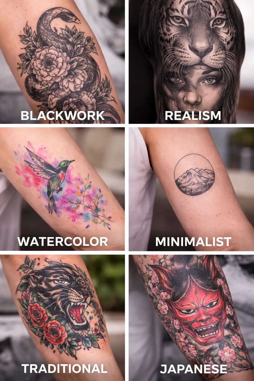 Six tattoos labelled by style: blackwork, realism, watercolour, minimalist, traditional and Japanese.