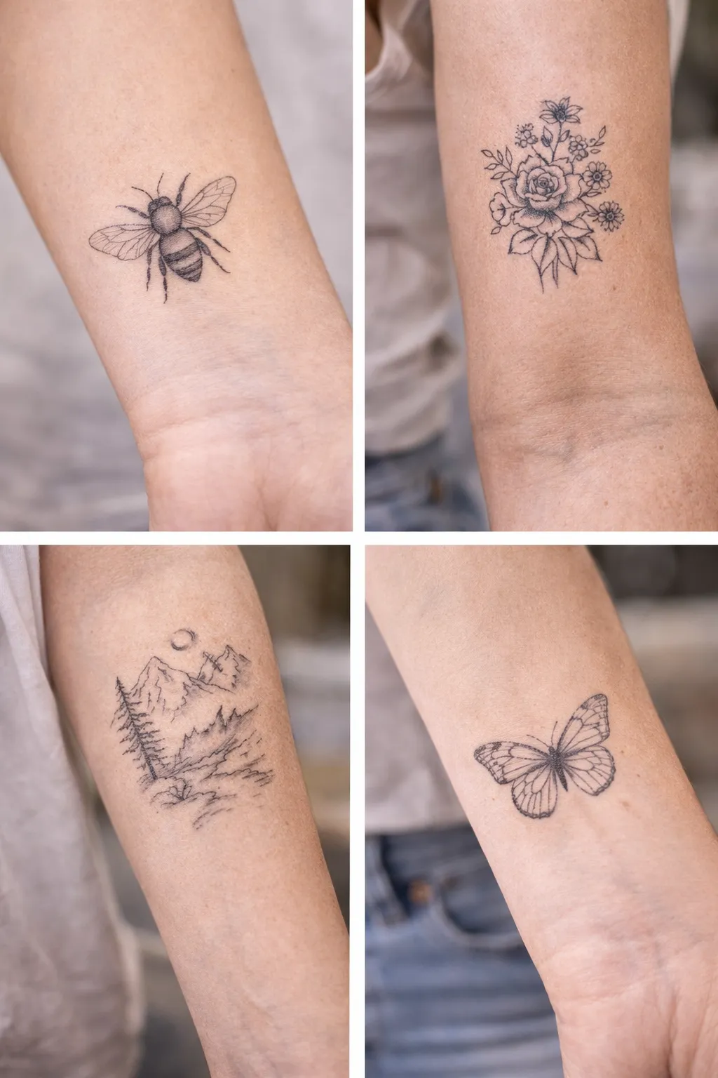 Four fine line tattoos on forearms and wrists: a bee, a flower spray, a mountain range and a butterfly.