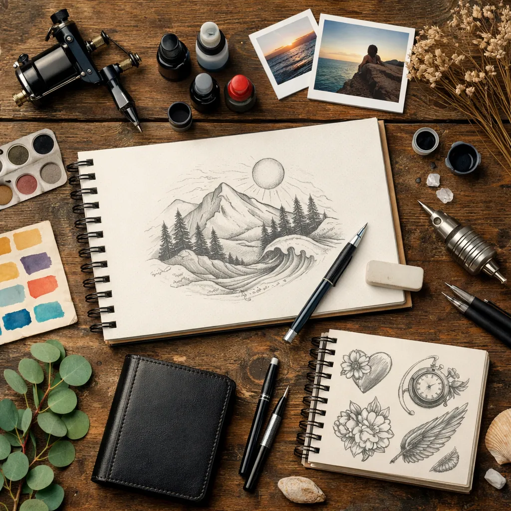 A worktable seen from above with a sketchbook of pencil designs, a tattoo machine, ink bottles and a watercolour palette.