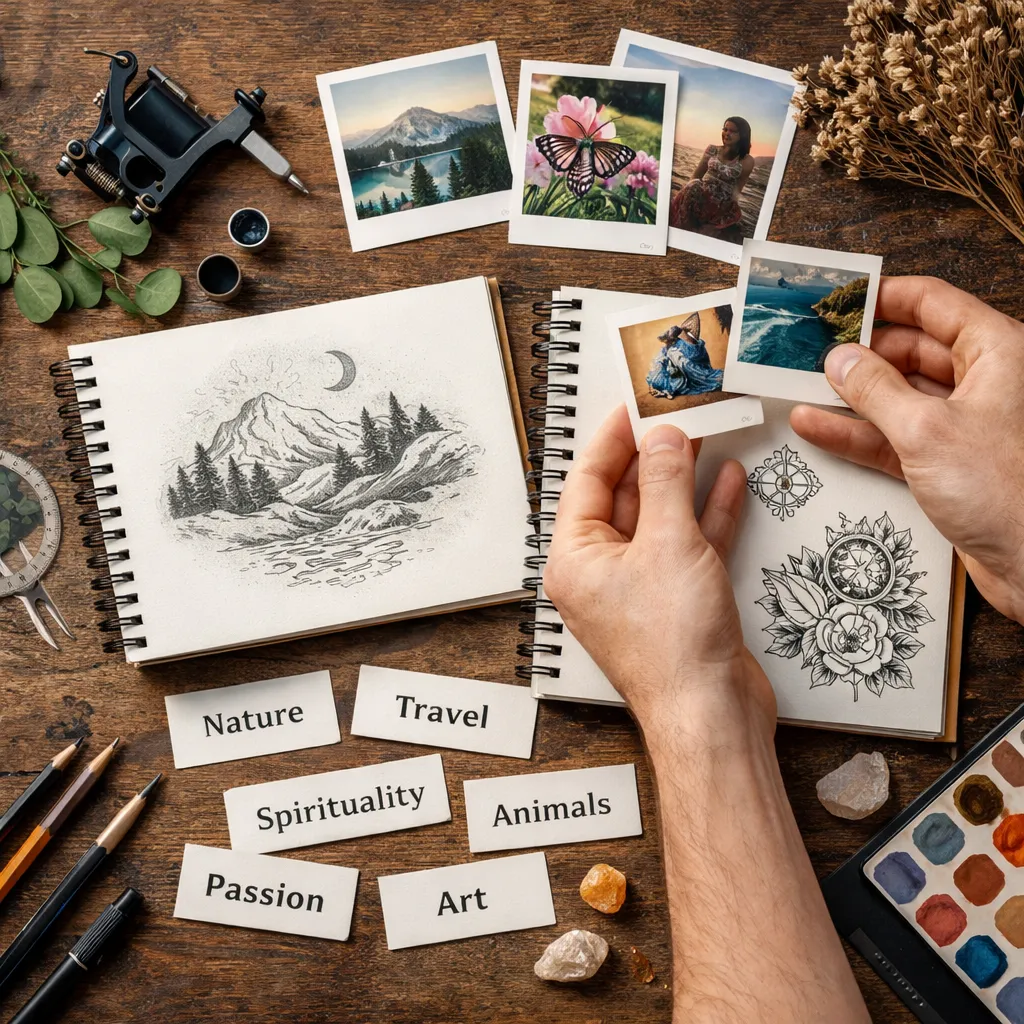 A sketchbook and reference photographs on a worktable, with paper cards reading nature, travel, spirituality, animals, passion and art.