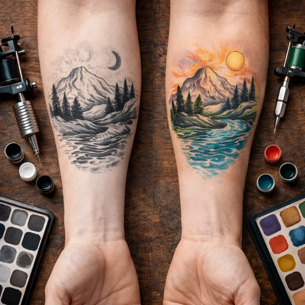 The same mountain and river forearm design tattooed twice, once in black and grey and once in full colour.