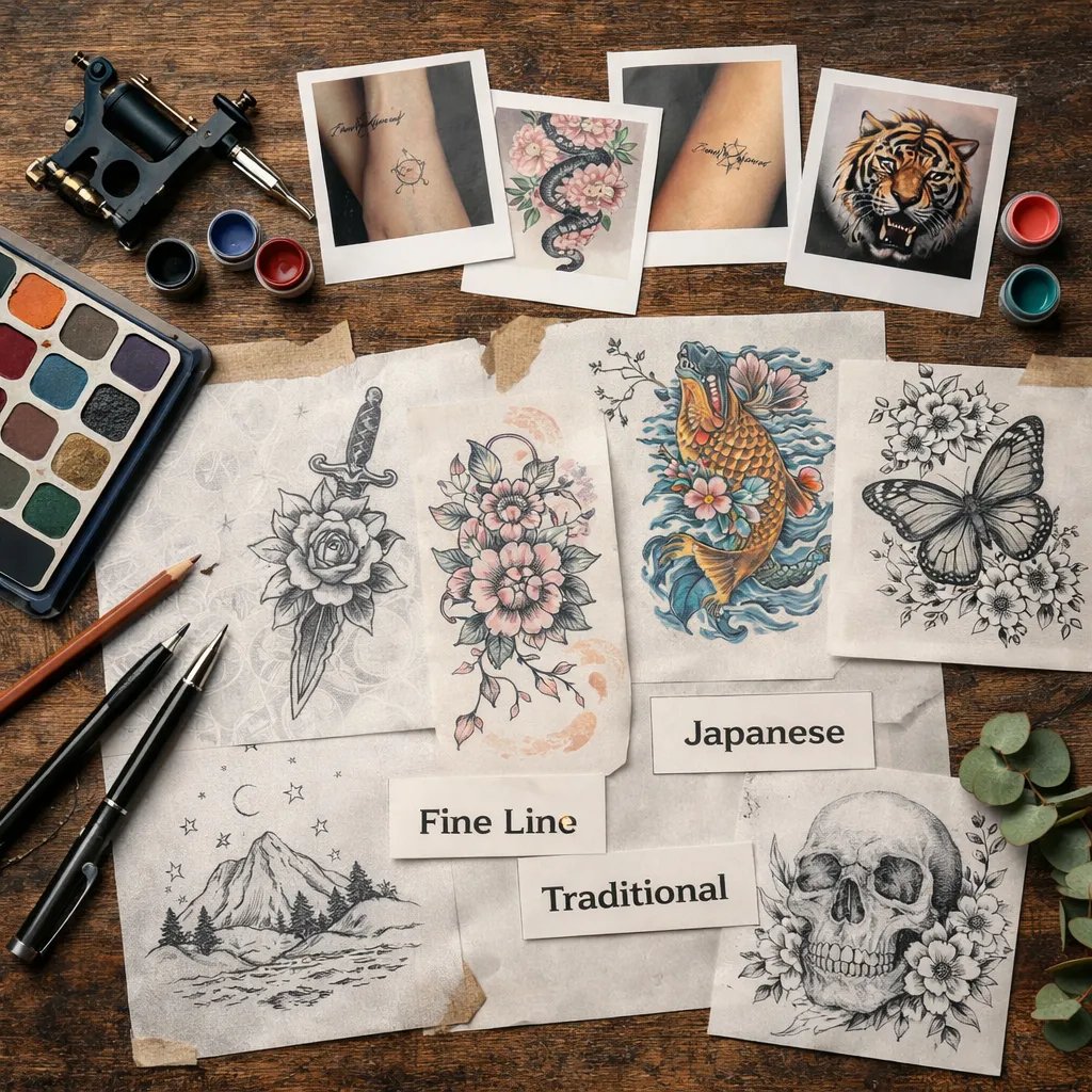Flash designs spread on a worktable with paper labels reading fine line, Japanese and traditional.