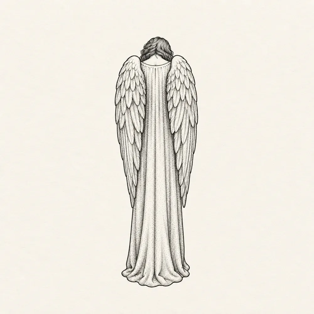 A standing winged figure seen from behind in a long stippled robe that falls to the floor, wings folded down the back, only the back of the head visible.