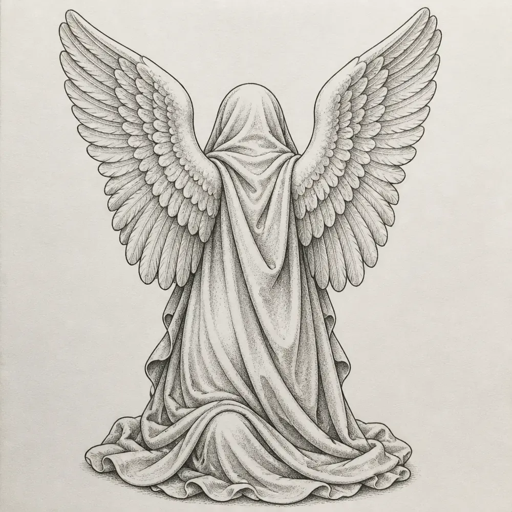 A kneeling angel drawn like a stone statue, the head bowed under a deep hood so no face shows, robe pooling on the ground and two wings raised high.