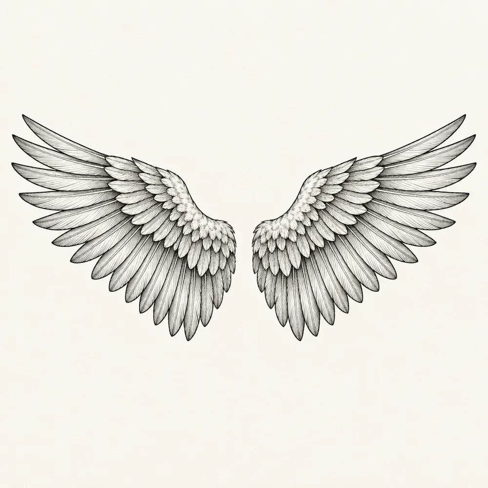 A pair of feathered wings spread wide and mirrored, with a gap between them, short overlapping feathers at the shoulders and long flight feathers at the tips.
