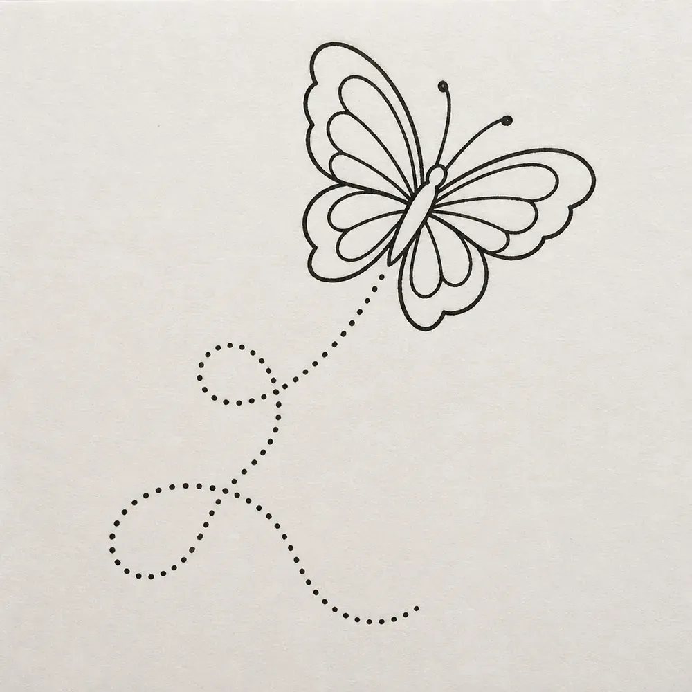 A butterfly with rounded double-edged wings flying up and to the right, trailed by a dotted line that loops twice below it, in black outline.