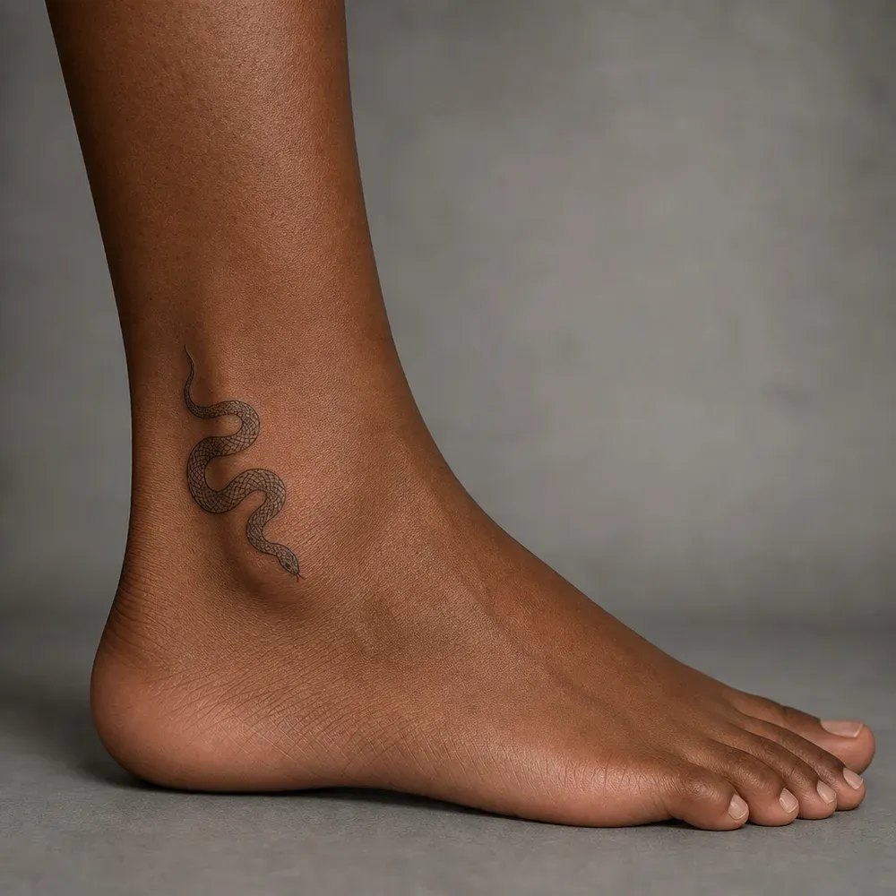 A small slender snake with fine scales curving in an S shape, head down, tattooed on the ankle above the ankle bone on deep brown skin.