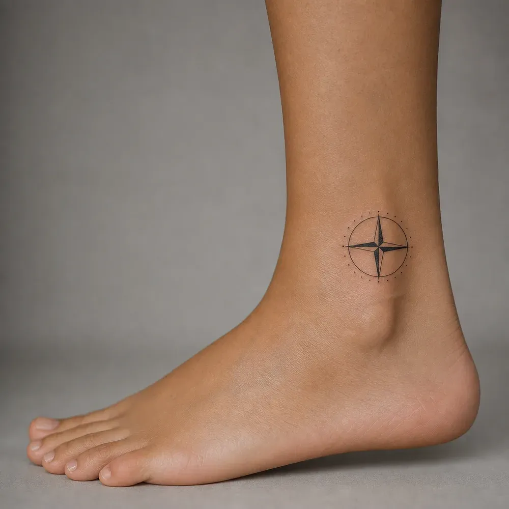 A four-pointed compass star with half-filled points in a thin circle ringed by dots, tattooed above the outer ankle bone on light tan skin.