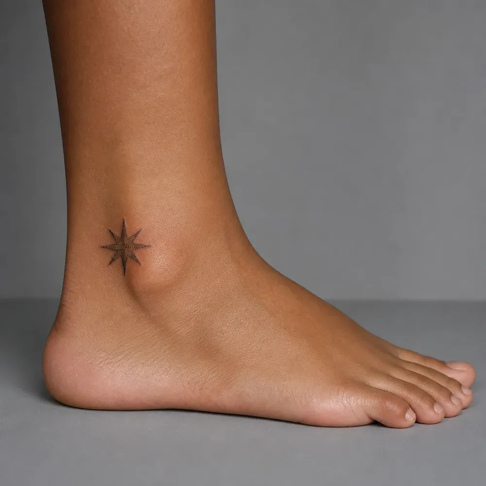 A small eight-pointed star shaded in fine stippled dots, tattooed just above the outer ankle bone on warm brown skin.