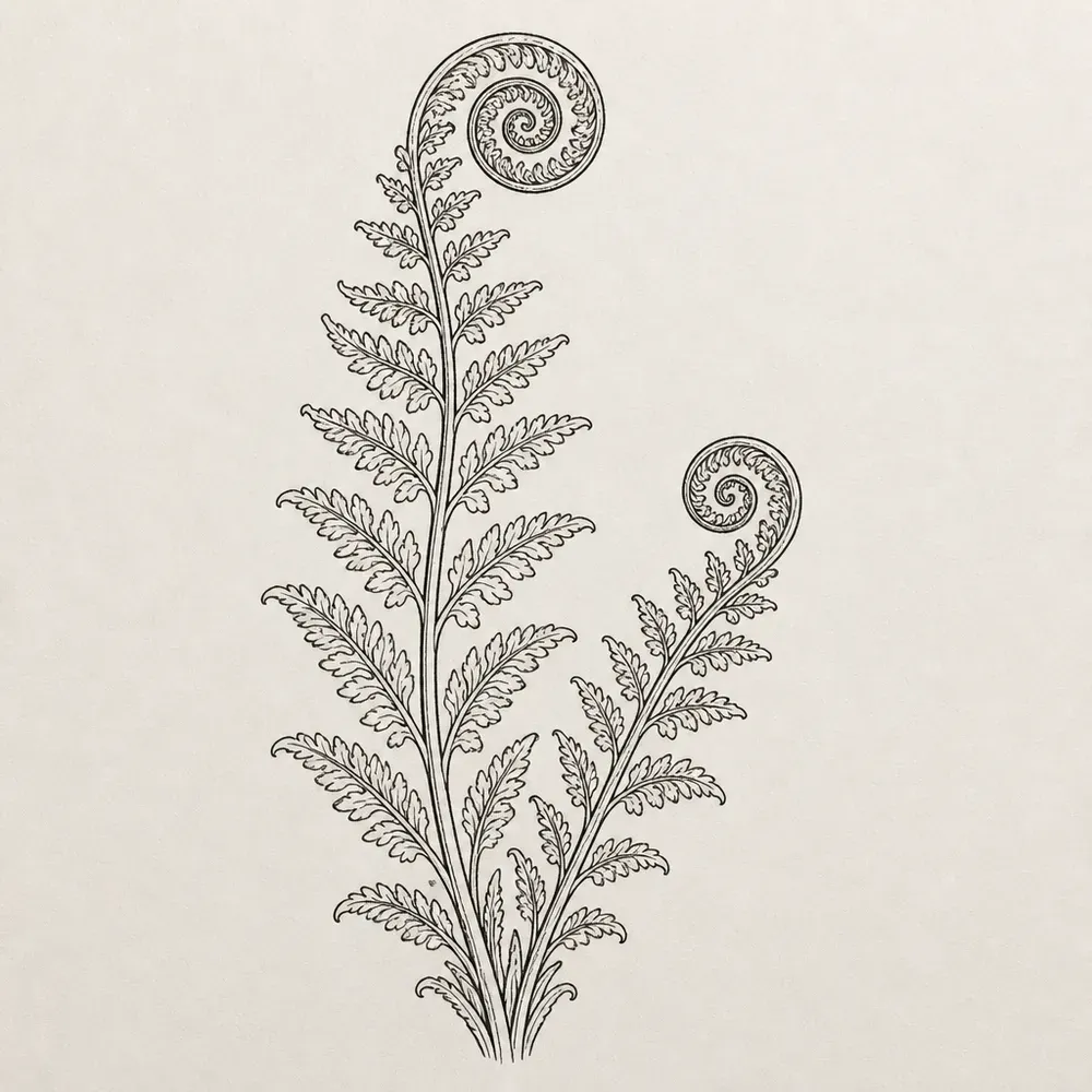 Two fern fronds rising from one base, one tall and one short, each tip rolled into a fiddlehead spiral, with finely cut leaflets in black line.