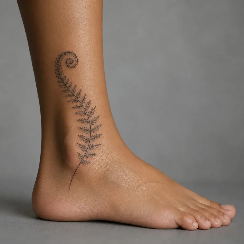 A fern frond with a curled fiddlehead tip tattooed on the outer ankle, rising from the ankle bone up the lower leg, on medium olive skin.