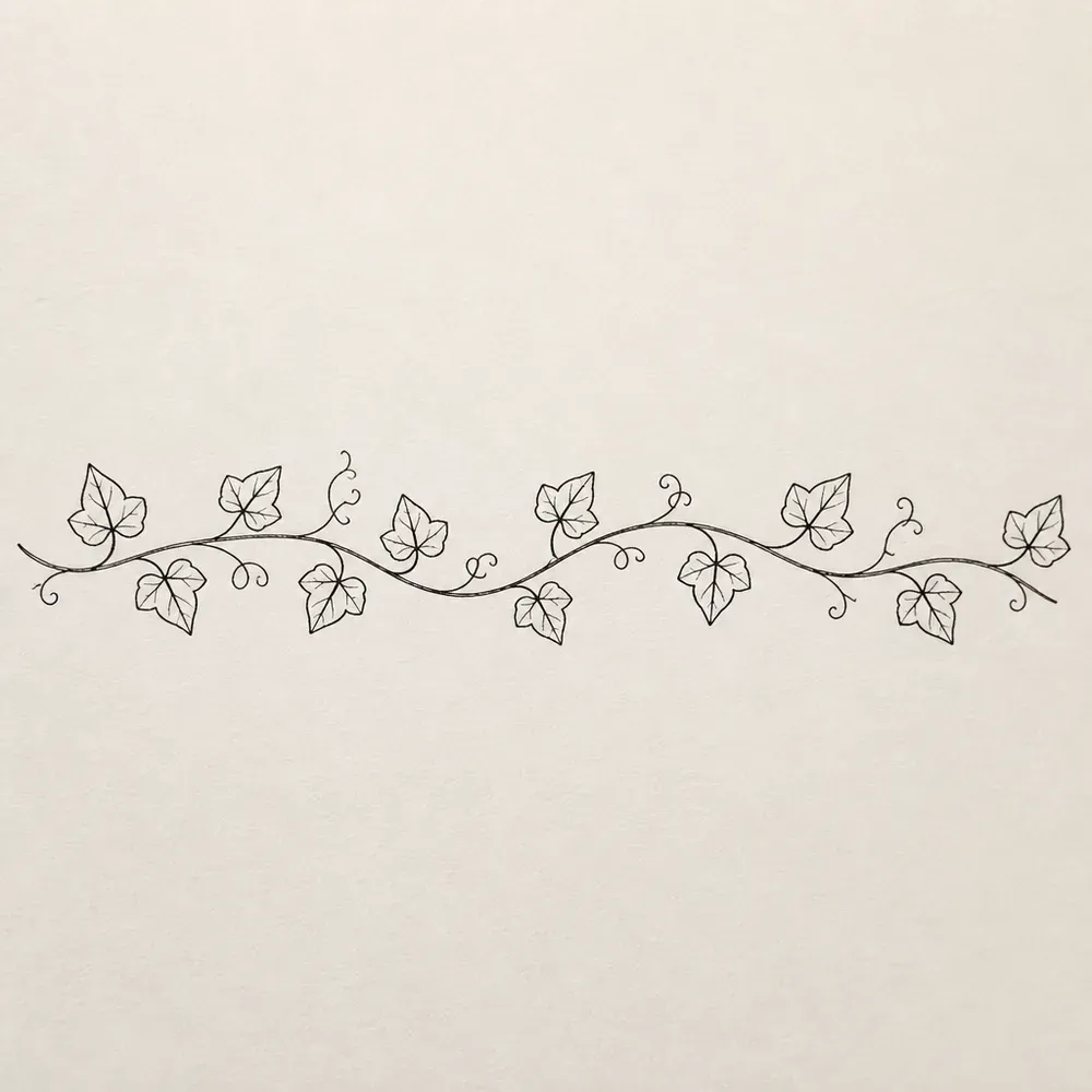A thin ivy vine running in a gentle wave with small pointed ivy leaves above and below and a few curling tendrils, in fine black line.