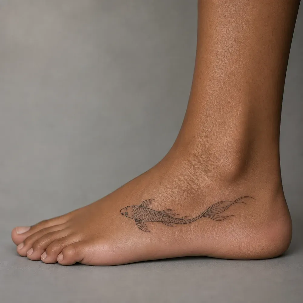 A slim koi with fine scale lines and a long trailing tail tattooed along the side of the foot below the ankle, on warm brown skin.