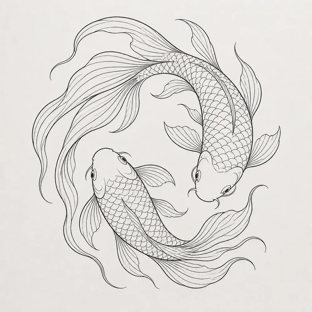 Two koi circling head to tail with long flowing fins and tails and fine scale lines, drawn in black outline with no water.