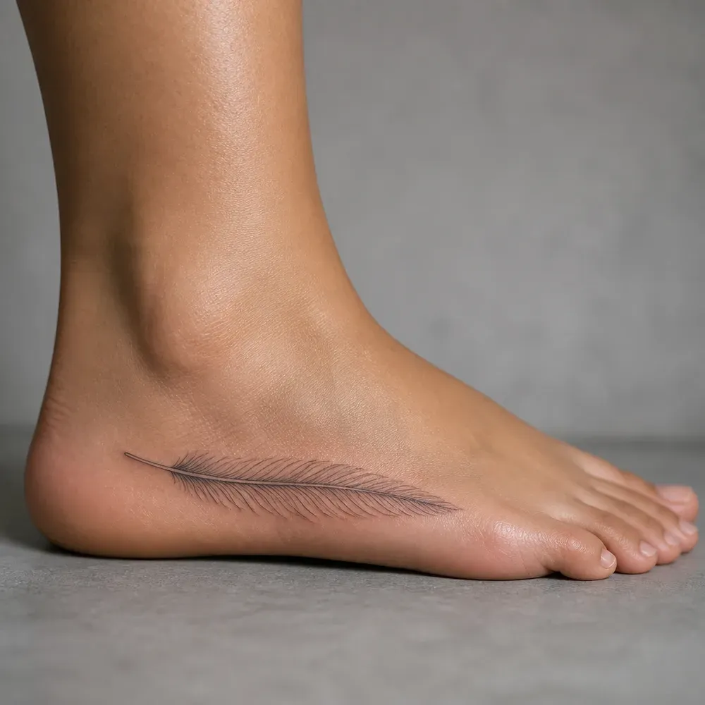 A long slender feather with fine barbs tattooed along the side of the foot from the heel toward the toes, on light olive skin.