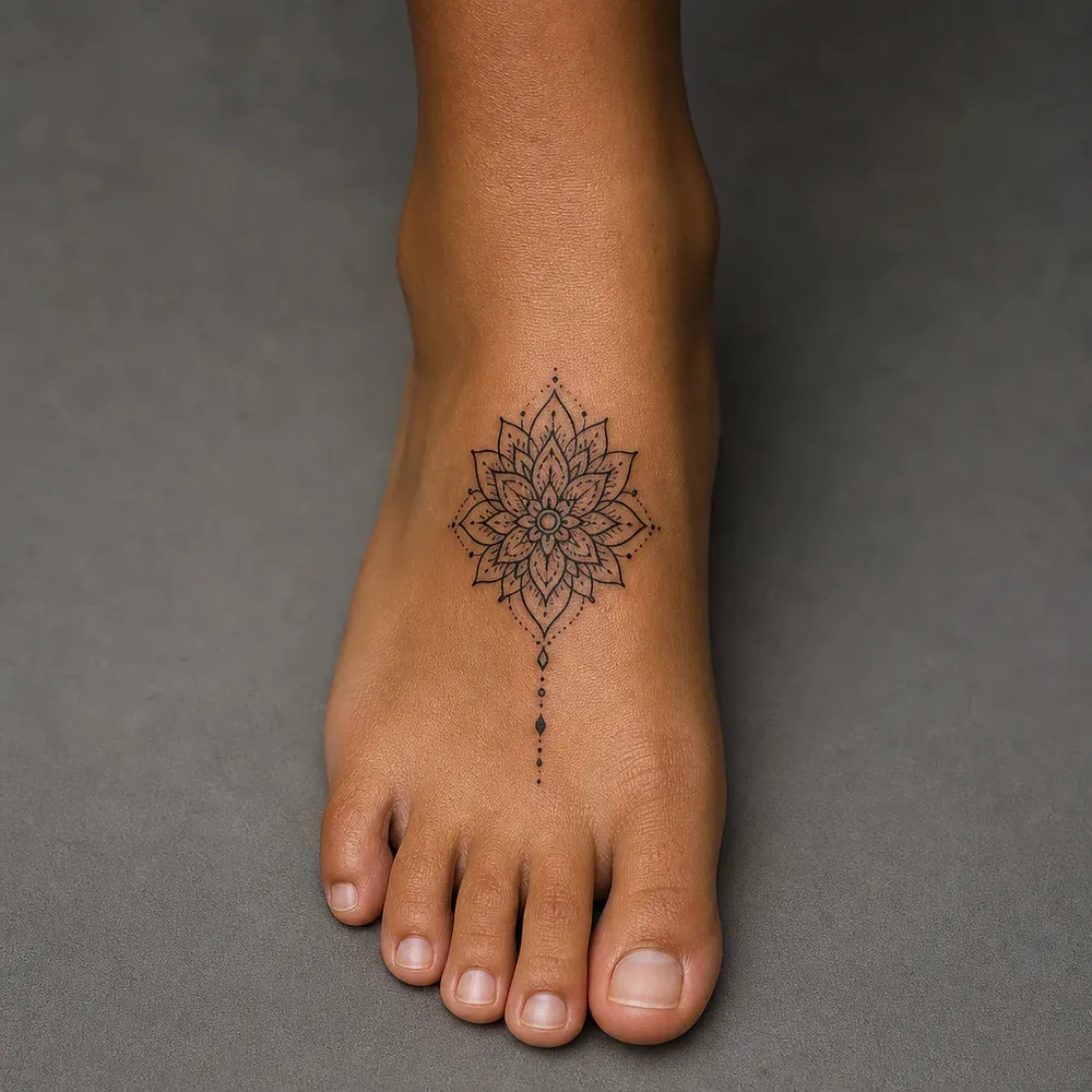 A small petalled mandala with a short dotted drop hanging toward the toes, tattooed on the top of the foot on warm brown skin.