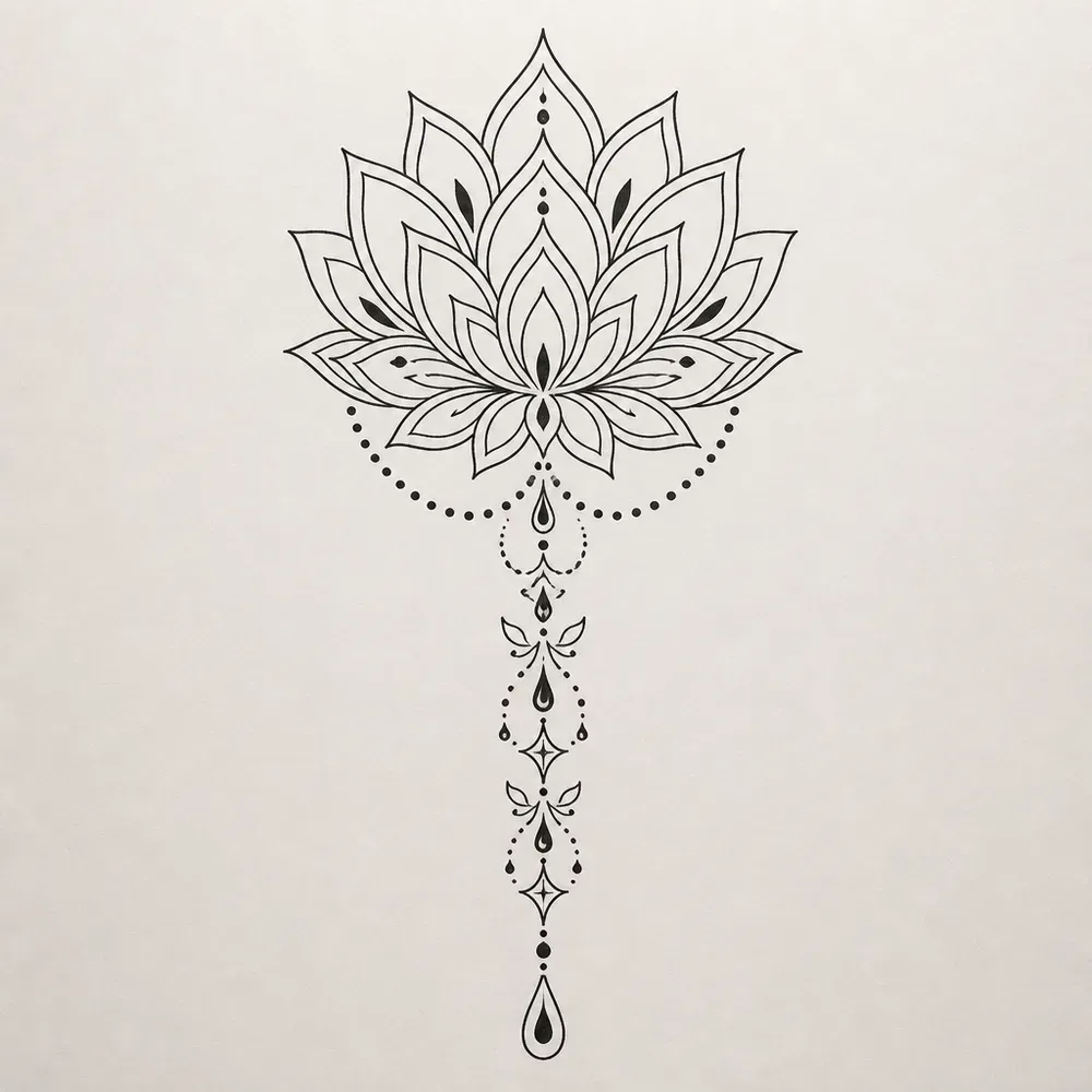 A lotus-petal mandala over a dotted half ring, with a hanging chain of dots, small diamonds and beads ending in a black teardrop, in fine black line.