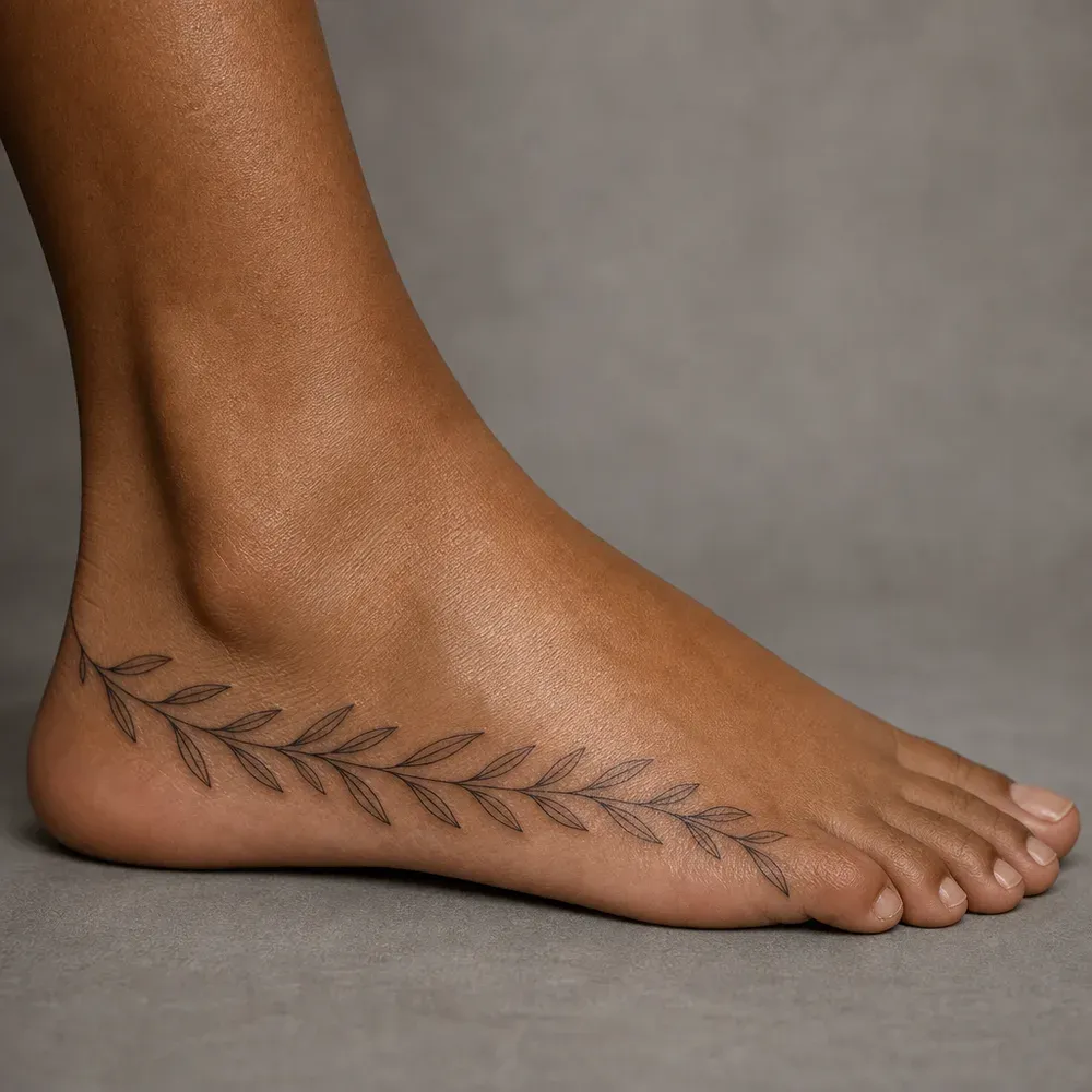 A long olive sprig with paired narrow leaves tattooed along the inner side of the foot from the heel toward the big toe, on warm brown skin.