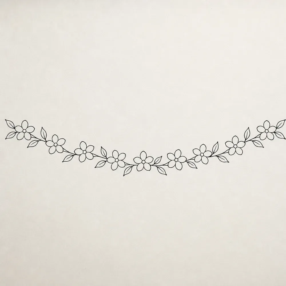 An anklet garland of small five-petal sampaguita blossoms and pointed leaves on a thin stem, dipping in a gentle curve, in fine black line.