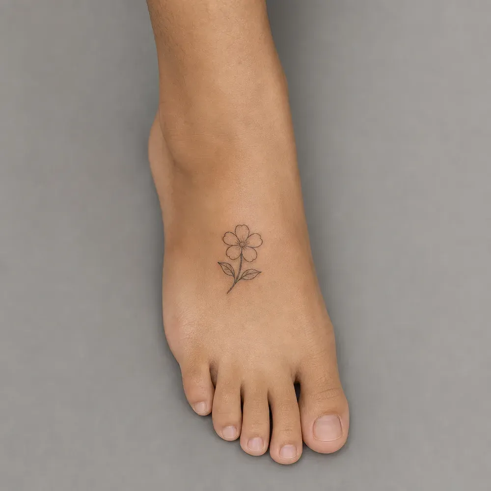 A small five-petal sampaguita flower on a short stem with two leaves, tattooed on the top of the foot on light tan skin.