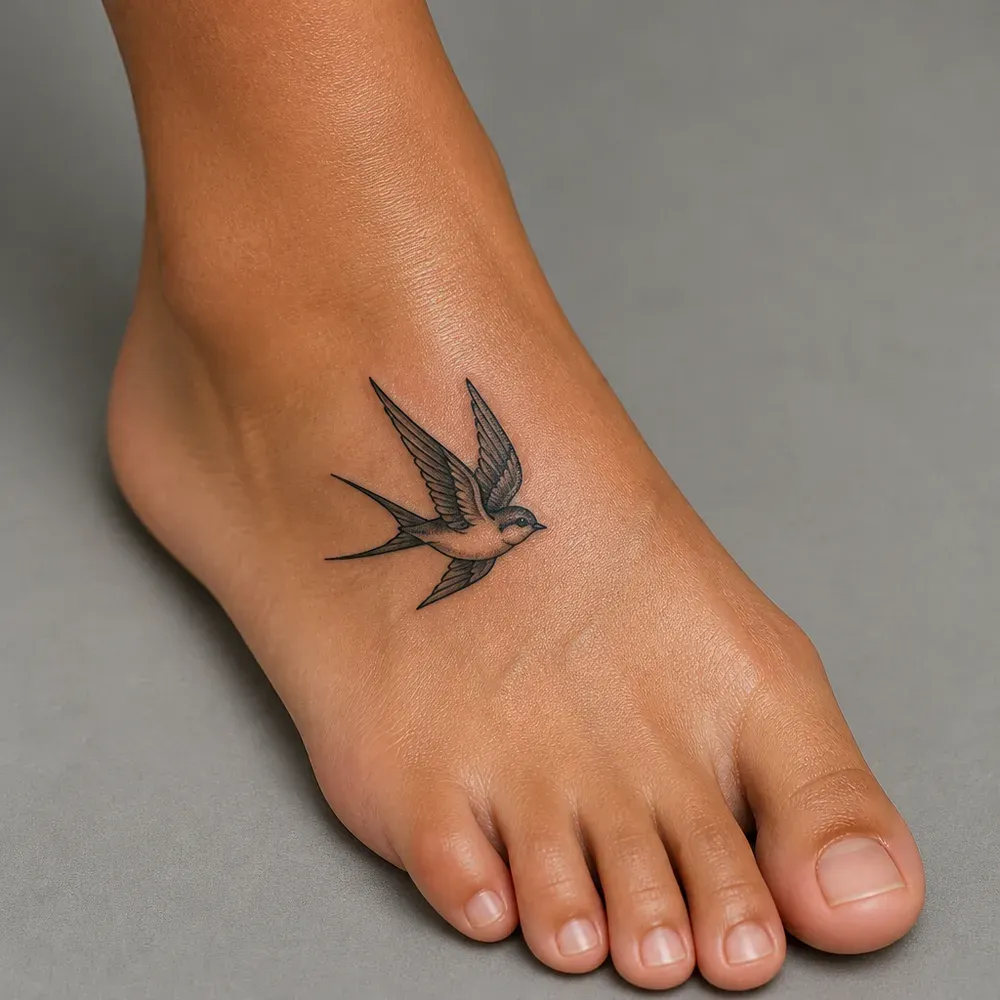 A small swallow in flight with swept-back wings and a forked tail, tattooed on the top of the foot below the ankle on medium brown skin.
