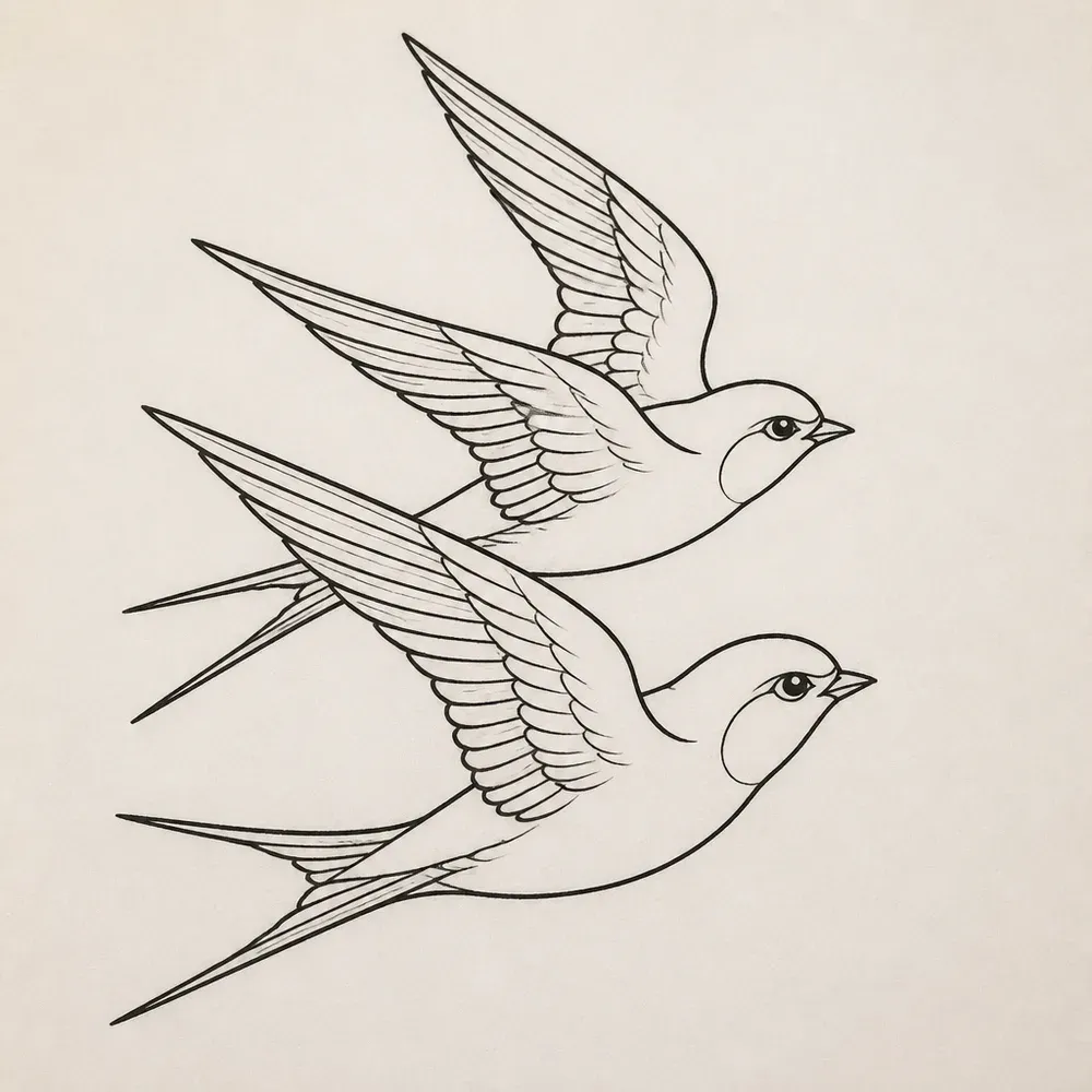 Two swallows flying to the right, one above and behind the other, with swept-back wings, forked tails and fine feather lines, in black outline.