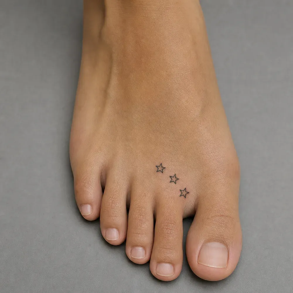Three tiny outline stars in a short diagonal line on the top of the foot just behind the toes, on light tan skin.
