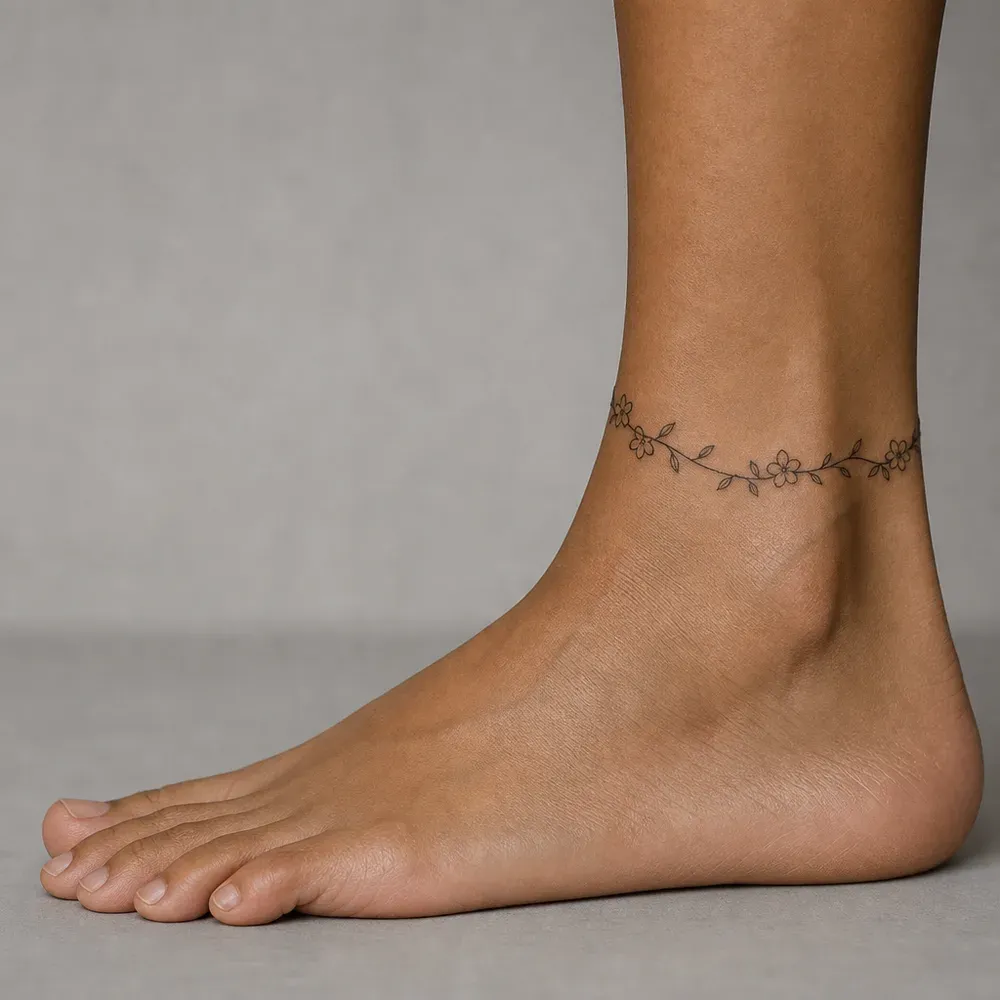 A thin vine with small five-petal flowers and leaves tattooed around the ankle above the ankle bone, like an anklet, on medium olive skin.