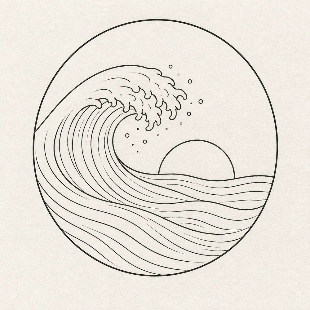 A curling ocean wave with spray dots and parallel water lines inside a thin circle, a half sun rising behind it, in fine black line.