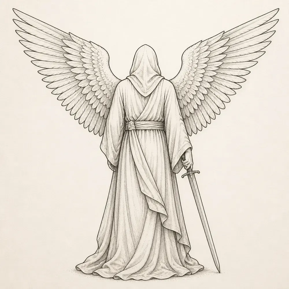 A hooded, robed angel seen from behind with a sash at the waist, wings spread wide and high, a long sword held point down at its side.