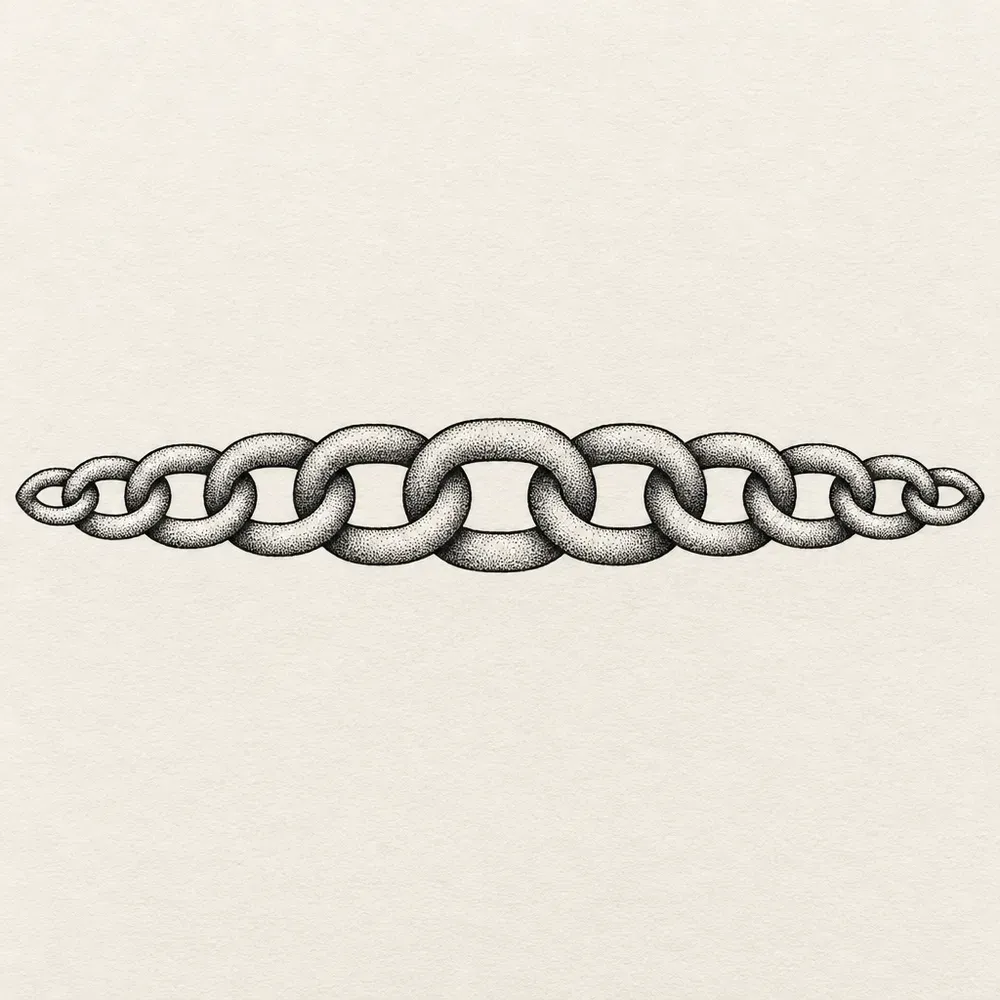 A row of interlocking chain links seen side on, shaded to read as round.