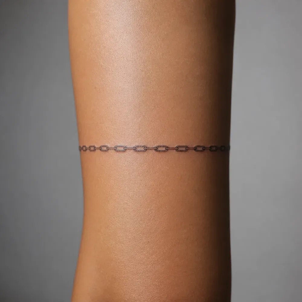 A fine-line chain band tattooed around the upper arm of medium brown skin.