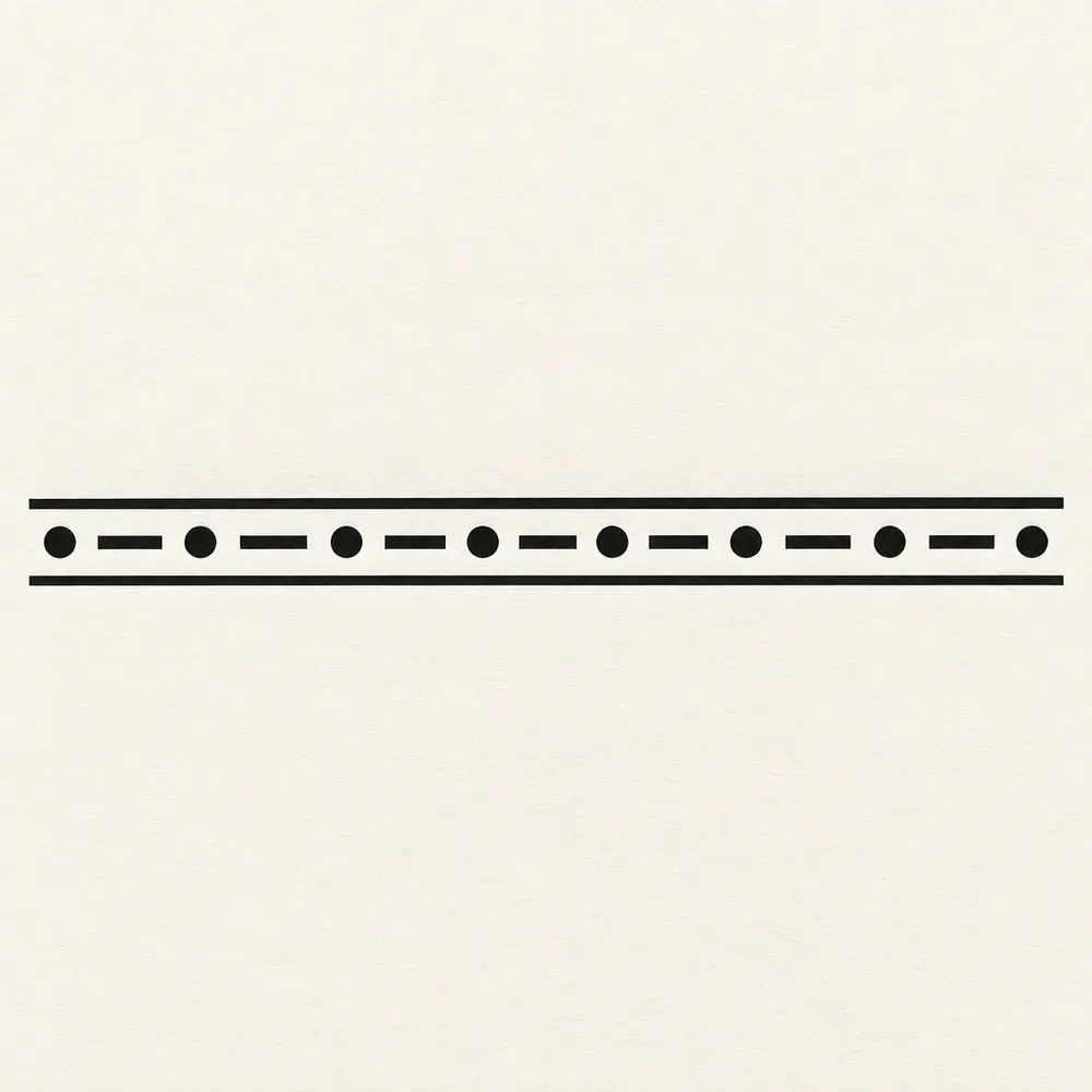 Two straight parallel lines with a rhythm of solid dots and short bars running between them.