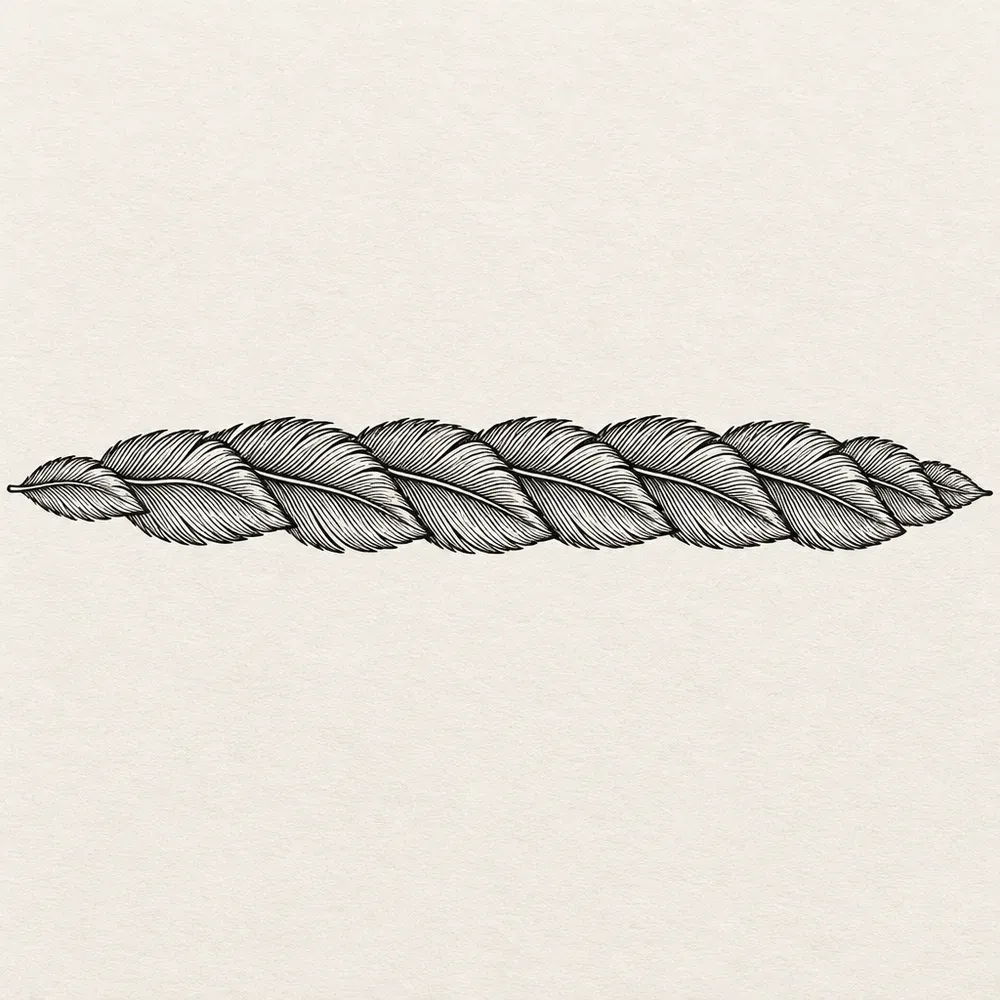 A row of overlapping feathers lying on their sides, the barbs drawn in fine parallel strokes.