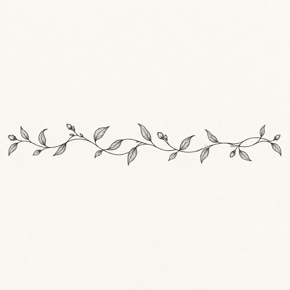A thin vine carrying small leaves and buds, running the width of the sheet as a band.