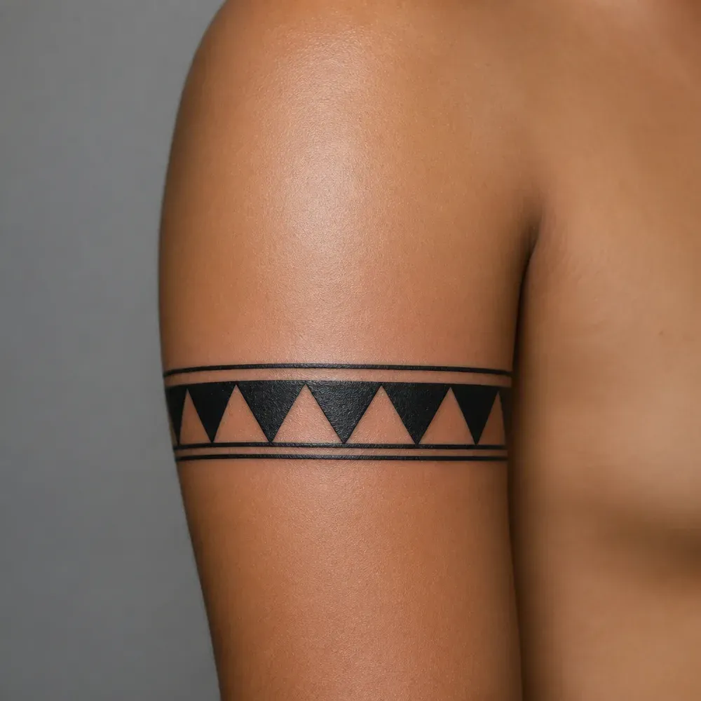 A blackwork band of solid triangles between two lines, tattooed around the upper arm of medium brown skin.