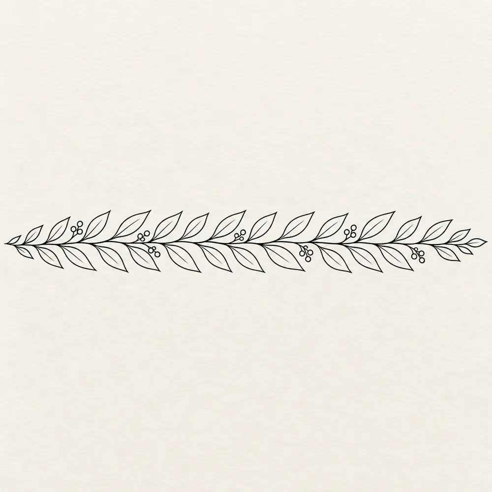 A laurel branch with paired leaves and small berries running the width of the sheet.