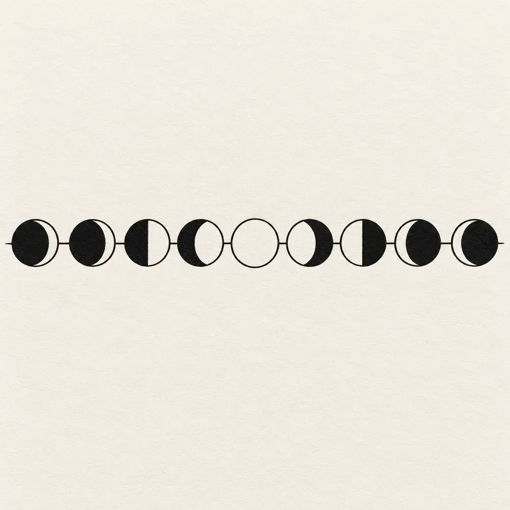 The phases of the moon in a row, from thin crescent to full and back, the shadows filled solid black.
