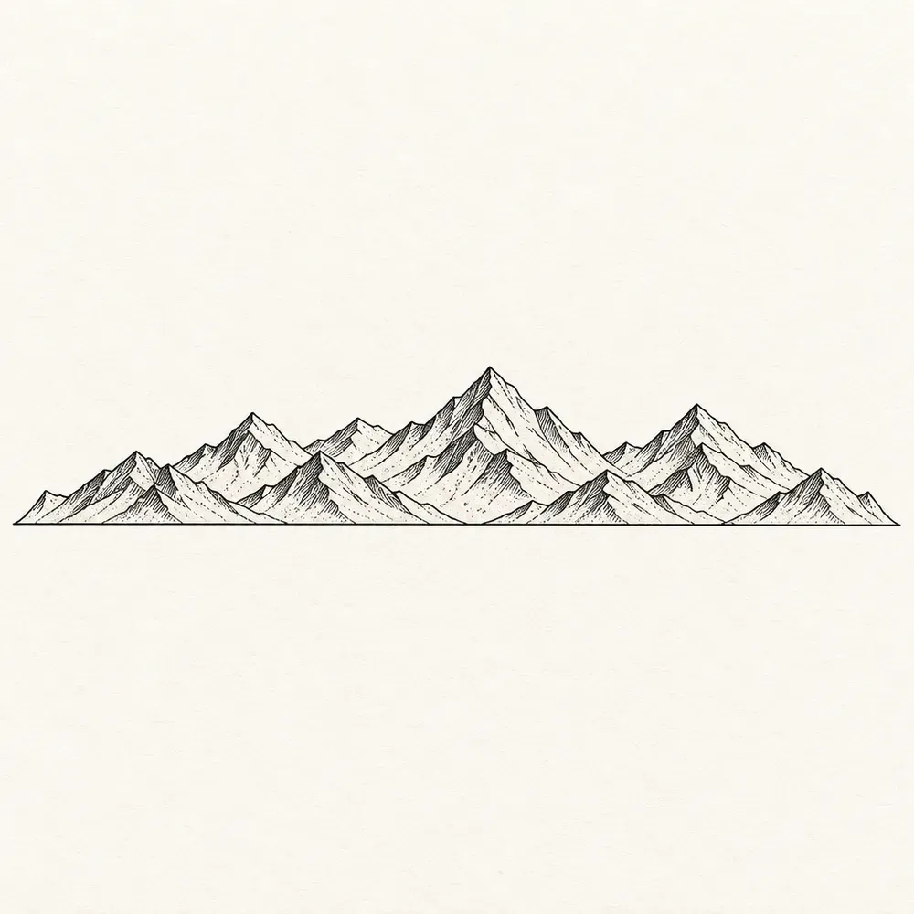 A range of hatched mountain peaks running the full width above a straight line.