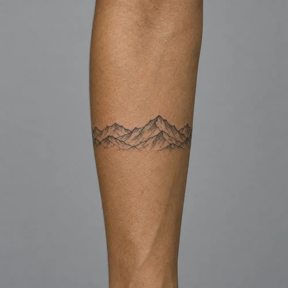 A fine-line mountain range band tattooed around the forearm of olive skin.