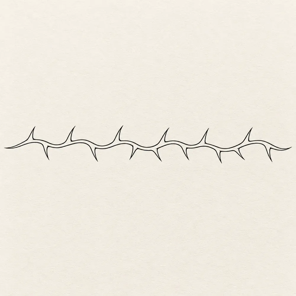 A thorned stem running the width of the sheet, the thorns pointing alternately up and down.