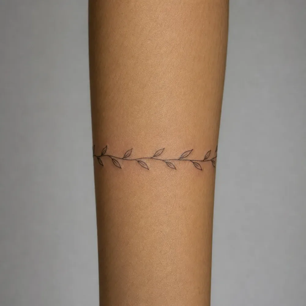 A leafed vine band tattooed around the forearm of light olive-tan Filipino skin.