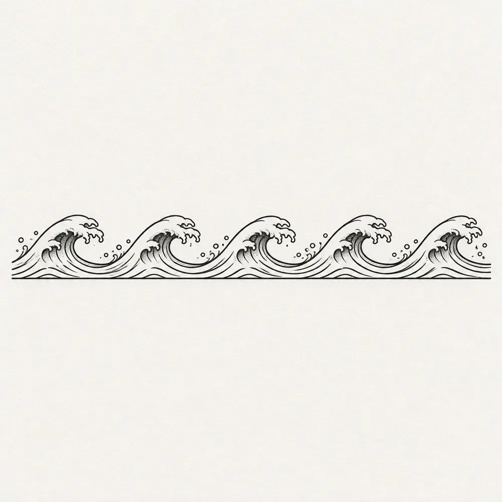 A row of small breaking waves in fine line running the width of the sheet.