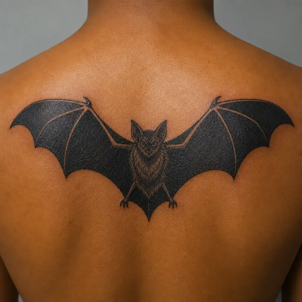 A black bat with its wings spread from shoulder to shoulder tattooed across the upper back of warm brown skin.