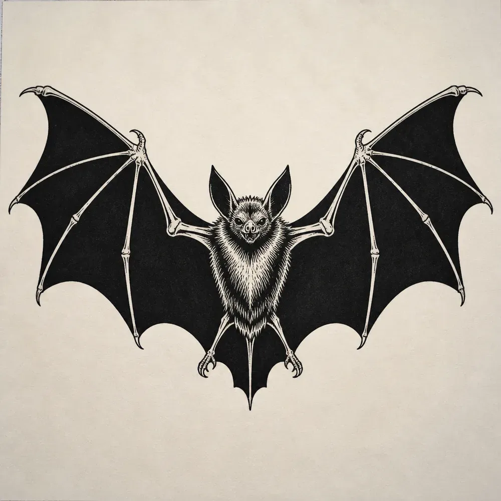A bat facing forward with its wings spread wide, the wing membranes filled solid black and the wing bones left as open lines.